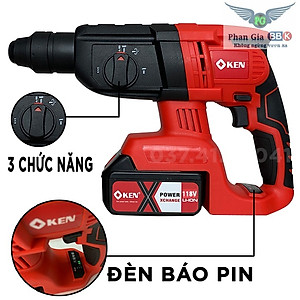 Máy Khoan đục Bê tông dùng pin KEN 118V 3 chức năng - Pin 10 CELL - Động cơ từ - Máy Khoan Có Búa - Khoan Pin Không than