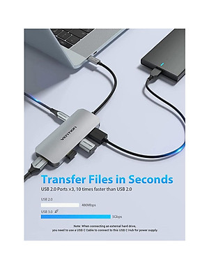 Hub Type-C to HDMI 6 in 1 cho Macbook có sạc nhanh - Chuyển đổi HUB USB Type C to HDMI, VGA, USB 3.0, PD Type-C Vention - Hàng chính hãng