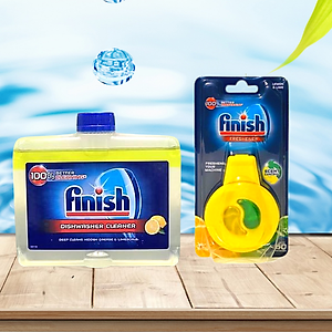 Combo Vệ sinh máy rửa bát Finish: Dung dịch vệ sinh chai 250ml, Viên Treo khử mùi hôi trong máy rửa bát - Chính Hãng.