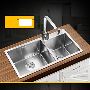 Combo chậu rửa chén bát inox Valenza 7843 hai hố lệch, vòi rửa bát đầu rút 02, bộ xả chậu, rá inox đa năng, bình xà phòng