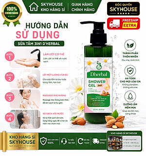 Sữa tắm trắng da 3in1 thiên nhiên độc quyền DHERBAL chai 250ml sữa tắm dưỡng ẩm thơm lâu chính hãng