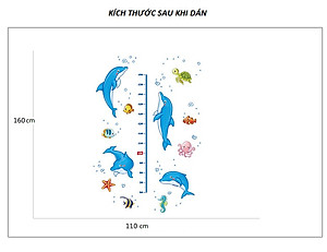 Decal dán tường thước đo Cá heo nhảy múa AmyShop (160 x 110cm)