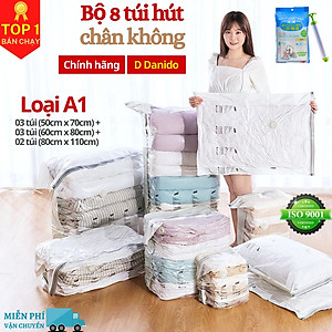 [Tặng kèm bơm tay] Bộ 8 túi hút chân không đựng chăn màn quần áo cao cấp D Danido - Set 8 túi hút chân không bằng nhựa dẻo dai có tặng kèm bơm tay