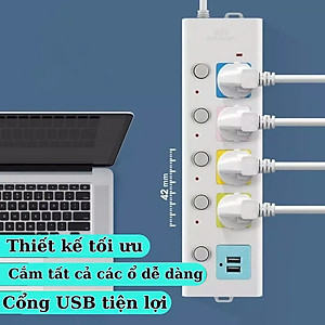 Ổ Cắm Điện 4 Ổ Cắm Kèm 2 Cổng USB Công Tắc, Đèn Báo Riêng Chịu Tải 2500W, Chống Giật, Chống Cháy - Hàng chính hãng