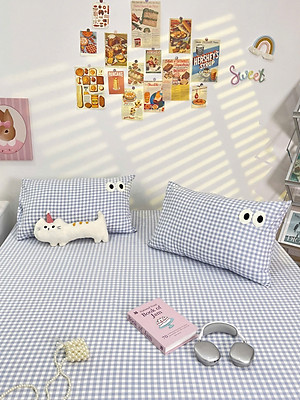 Bộ ga gối cotton đũi LIDACO họa tiết kẻ đôi mắt mềm mát ga nệm bo chun theo kích thước yêu cầu nhiều mẫu lựa chọn