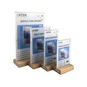 Kệ mica 2 mặt Enter E42 150x210mm đế gỗ A5 đứng, Kệ menu nhà hàng, Standee mica để bàn, Bảng quét mã QR Code