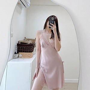 Q6 Váy ngủ lụa cao cấp  - Váy ngủ lụa phối ren xẻ tà - Đầm ngủ sexy hai dây gợi cảm- Váy ngủ nữ