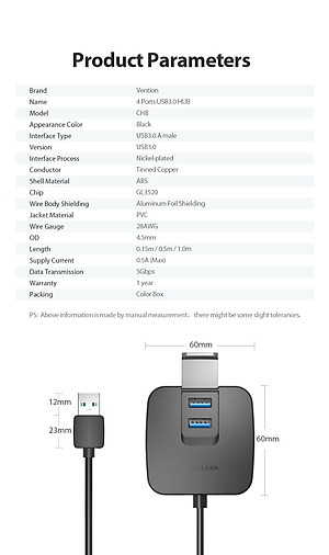 Bộ chia 4 cổng USB 3.0 Vention CHBBD - Hàng Chính Hãng