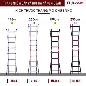 Thang nhôm trượt đa năng FUJIHOME ML44, thang gấp rút 4 đoạn cao chữ A 2m, chữ I 4 m linh hoạt 5 kích thước-Hàng chính hãng