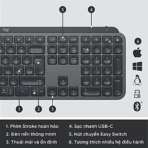Bàn phím không dây Bluetooth Logitech MX Keys - đa thiết bị, sạc nhanh, Mac/ PC -Hàng chính hãng