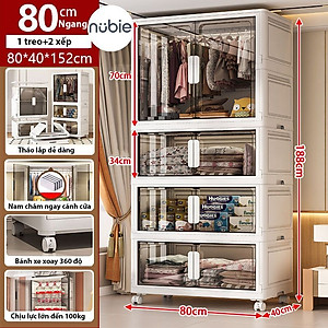 Tủ Nhựa Gấp Gọn Nubie Ngang 60/70/80cm Có Ngăn Treo Quần Áo, Đựng Đồ Dùng Size Lớn, Bánh Xe Xoay