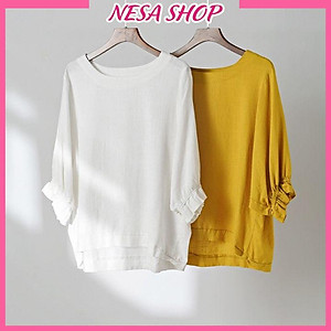 Áo sơ mi nữ kiểu tay lỡ NeSa, chất liệu Đũi tơ thấm mồ hôi, áo kiểu form rộng phong cách Hàn Quốc, AKH.45