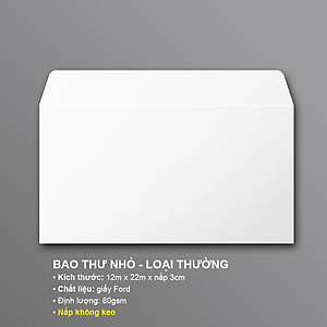 BAO THƯ  TRẮNG - 12X22cm - Loại thường (định lượng 80gsm) - 100 CÁI/XẤP - nắp không keo