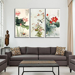 Bộ 3 Tranh Treo Tường Phong Thuỷ Hoa Sen, Liên Hoa Trước Gió ( 35 x 70cm) CV18