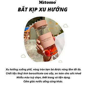 Bình Nước Thủy Tinh Cao Cấp Bọc Da Mitomo, Chịu Lực, Chịu Nhiệt, Có Dây Đeo Kèm Bộ Lọc Inox 304 Dung Tích 500ML hàng chính hãng