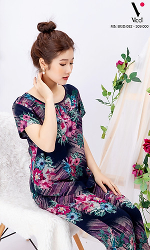 Bộ đồ nữ mặc nhà trung niên cho các bà, các mẹ - Bộ đồ ngủ lanh (tole) - Bộ mặc nhà trung niên vải lanh (tole) Vicci BGD.082, thiết kế áo cộc tay phối quần dài in hoạ tiết (Màu 7-8-9-10-11)