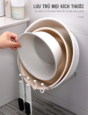 Giá Treo Rổ Rá, Thau Chậu và Dụng Cụ Bếp Dán Tường Không Khoan Đục Kèm 4 Móc Treo Đồ Tiện Lợi MTC1