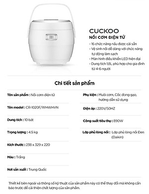 Nồi cơm điện tử Cuckoo 1,8L CR-1020F- màu trắng - Bảng điều khiển LED - Lòng nồi chống dính - Chất lượng Hàn Quốc - Hàng chính hãng Cuckoovina