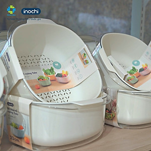 Bộ thau rổ nhựa vuông inochi Yoko chính hãng, rổ to kèm thau trong suốt đựng rửa rau tiện lợi, an toàn, kháng khuẩn - Tặng kèm hình dán sticker 