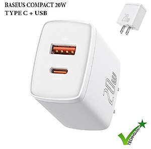 (Tặng túi đựng TOPK) Củ sạc nhanh Baseus mini 20W, hai cổng sạc USB và Type-C sạc nhanh cho iPhone, Samsung, Xiaomi, Huawei,...-Hàng chính hãng