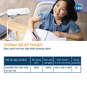 Đèn bàn học bảo vệ mắt Philips LED RobotPlus DSK601 RD 13W ánh sáng trung tính 4000K, 4 cấp độ sáng