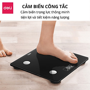 Cân Điện Tử Sức Khoẻ Thông Minh Mặt Vuông Kính Cường Lực Chịu Lực Màu Đen Sang Trọng 180Kg Deli - Phù Hợp Gia Đình Trường Học - Hàng Chính Hãng - E86120