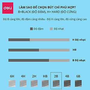 Bút chì 2B HB gỗ tự nhiên Deli - Dễ gọt và nhạy với máy chấm thi - Kèm tẩy và gọt - 10 chiếc/vỉ 50 chiếc/hộp - 33431 / 33433
