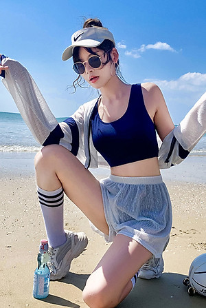 Bộ đồ bơi bikini nữ 2 mảnh kèm áo ren tay dài đi tắm biển, đi tập yoga, tập gym - B12