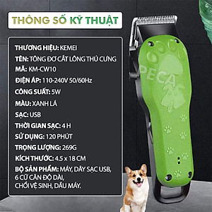 Tông đơ cắt tỉa lông thú cưng Kemei KM-CW10 công suất mạnh 5W sạc nhanh USB chuyên nghiệp phù hợp cắt lông chó, mèo