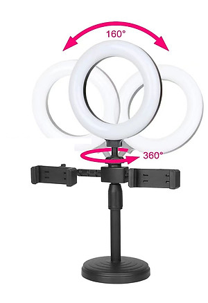 Đèn led livestream mini 16cm để bàn tích hợp 2 giá đỡ điện thoại kiểu chữ T- Hàng chính hãng