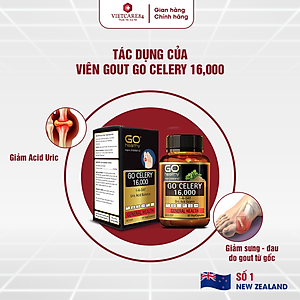 Viên gout nhập khẩu chính hãng New Zealand GO CELERY 16000mg (60 viên) giúp giảm các triệu chứng bệnh gút: giảm uric acid, làm giảm triệu chứng sưng đau do gut