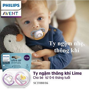 Núm ty ngậm thông khí Philips Avent hình thú (phiên bản Lime) cho trẻ từ 0-6 tháng tuổi _ vỉ đôi