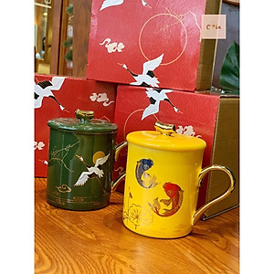 (350-400ml) Cốc sứ họa tiết Noel - Tết có nắp có thìa - Quà tặng Giáng Sinh, Năm mới (mẫu 2022)