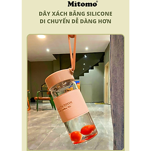 Bình Nước Thủy Tinh Cao Cấp Bọc Da Mitomo, Chịu Lực, Chịu Nhiệt, Có Dây Đeo Kèm Bộ Lọc Inox 304 Dung Tích 500ML hàng chính hãng