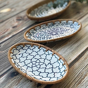 Khay trang trí bằng mây, khay gốm sứ viền mây ECOHUB, đựng đồ trang sức, bộ quà tặng nhà mới (Rattan Decorative Tray)