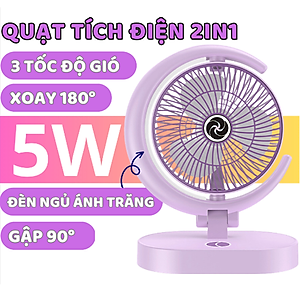 Quạt Để Bàn Tích Điện Mini 3 Cấp Độ Gió Teement, Tích Hợp Đèn Ngủ Động Cơ Không Tiếng Ồn Pin Pin 1200mah , Điều Chỉnh Lên Xuống 360°- Hàng Chính Hãng