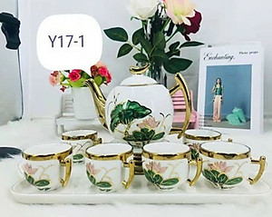 Bộ ấm chén kèm khay pha trà cà phê sứ cao cấp trắng hoa sen ( giao ngẫu nhiên tay cầm )