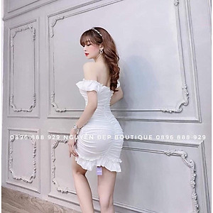 Đầm body trễ vai nhún thân kèm mút