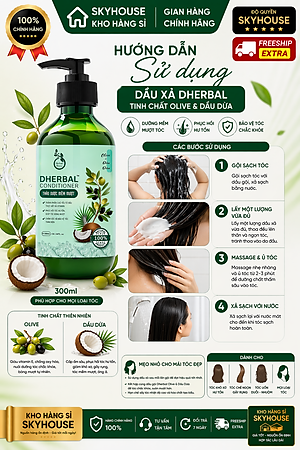 Dầu xả thảo dược thiên nhiên tinh chất olive dầu dừa độc quyền DHERBAL chai 300ml  dầu xả tóc chắc khỏe suôn mượt chính hãng