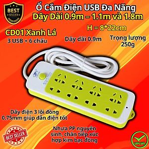 Ổ Cắm Điện USB Đa Năng Cao Cấp Chống Giật Dây Dài 0.9m – 1.1m và 1.8m, Ổ Cắm Điện Công Suất 2500W Có Chốt An Toàn Tiện Lợi, Chính Hãng