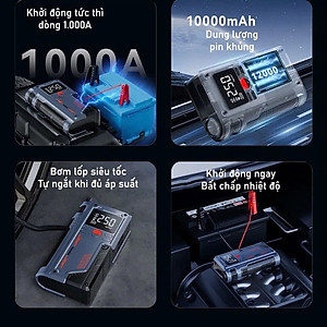 Bộ Kích Bình Ắc Quy 12V 1000A Kiêm Bơm Lốp Xe 150Psi 10000 mAh Dùng Cho Xe 4C Đến 7C
