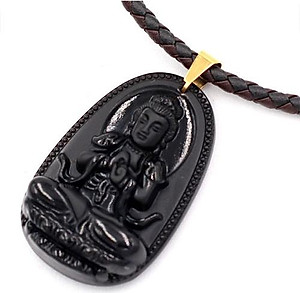 [Tuổi Mùi, Thân] Dây Chuyền Mặt Phật Đại Nhật Như Lai Thạch Anh Đen 5cm + Dây Da - Mặt Size Lớn - Tặng Kèm Móc Inox - May Mắn - Bình An