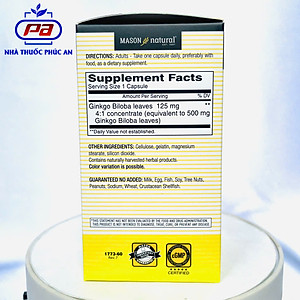 Viên uống bổ não hỗ trợ tăng tuần hoàn não trí nhớ Mason Natural Ginkgo Biloba Mỹ 60 viên