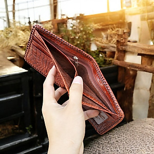 Ví Nam Da Cá Sấu. Ví 2 Mặt Đan Viền Thủ Công - Dáng Ngang Dễ Sử Dụng