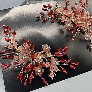 Cài tóc cô dâu hoa đỏ đính hoa nhí hồng cam