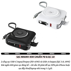 Pin sạc dự phòng kiêm củ sạc nhanh 45W kèm dây sạc Type-C / L (iP/iPad) và Sạc Không Dây từ tính Magnetic, Pin 15000mAh, Jack cắm EU/UK hiệu WIWU 6 in 1 All-Round - Hỗ trợ sạc cho iPhone / iPad / Macbook / Laptop, đạt chuẩn hàng không - hàng nhập khẩu