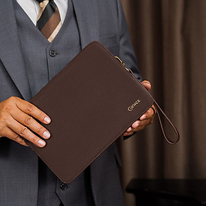 Ví Cầm Tay Clutch Da Nam Hàng Hiệu GENCE CK15 Da Bò Khóa Số Cao Cấp Màu Nâu