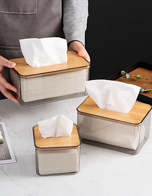 HỘP ĐỰNG GIẤY ĂN NHỰA MIKA TRONG SUỐT NẮP GỖ TRE PHONG CÁCH BẮC ÂU