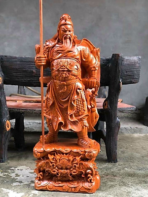 Tượng gỗ quan công trấn ải đứng trên đầu hổ phù kt 40×16×11cm