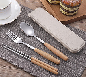 Bộ Đũa Muỗng Nĩa Inox Cán Gỗ Kèm Hộp Đựng Bằng Lúa Mạch Sang Trọng Thanh Lịch - Chính Hãng